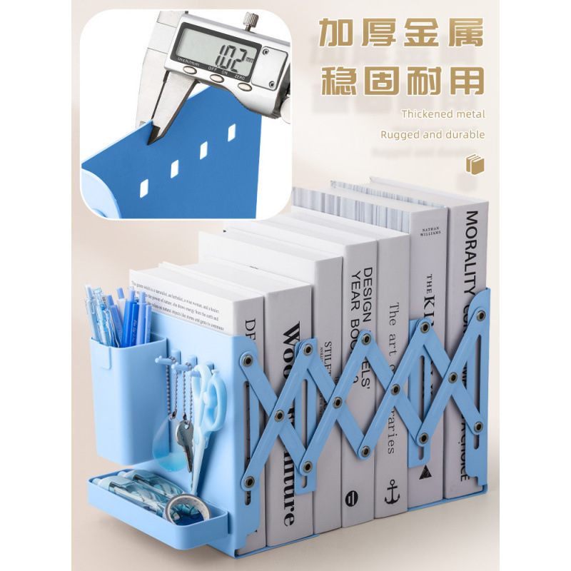 Libro, libro, soporte de libro, bolígrafo de libro, estante de almacenamiento fijo, estante de libro con superficie de escritorio, espesación y metal de libro telescópico