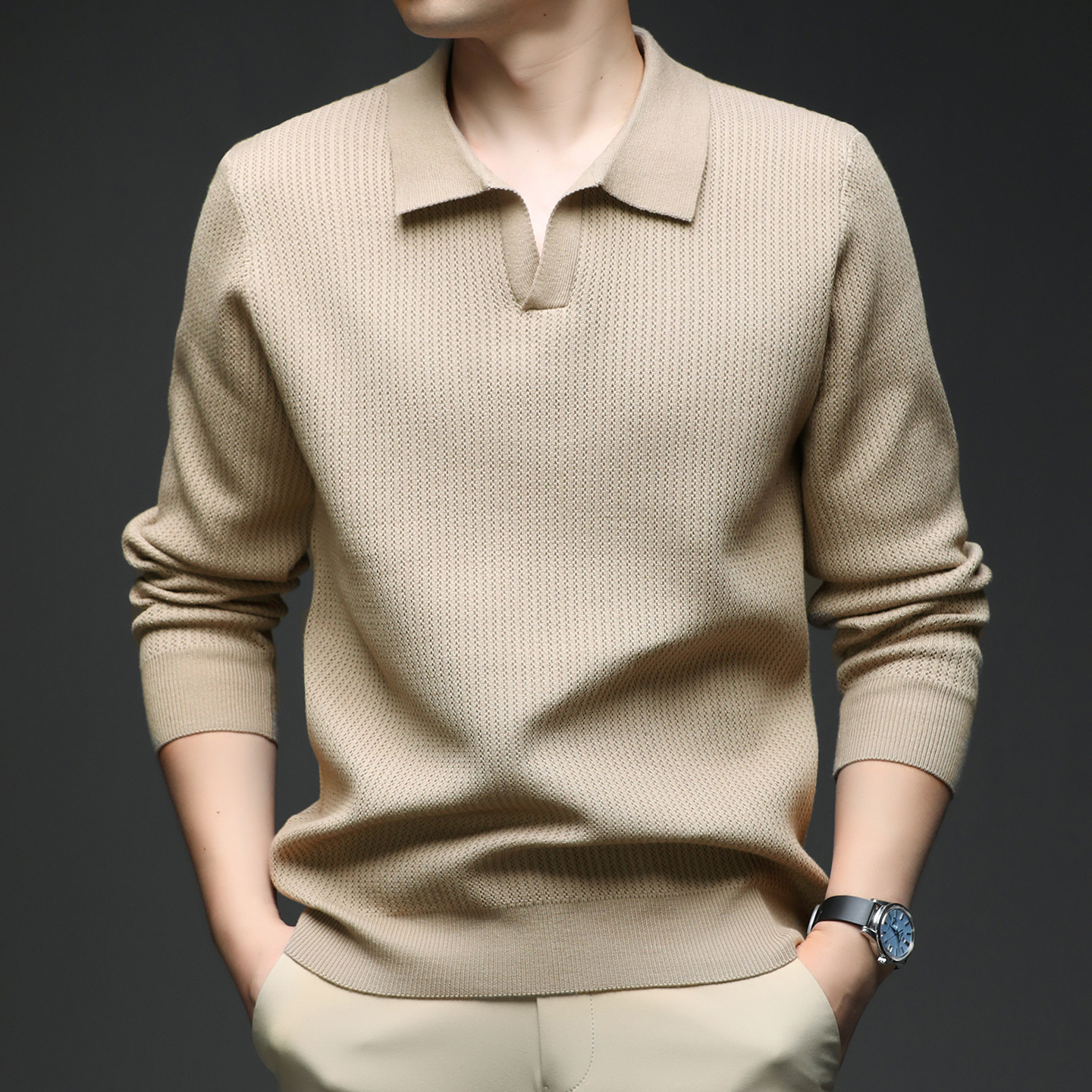 Cross-Border Live Broadcast Seagull Collar Knitted Long-Sleeved T-Shirt Men's Spring and Autum Fashion Accessible Luxury V Neck Bottoming Knitwear Top