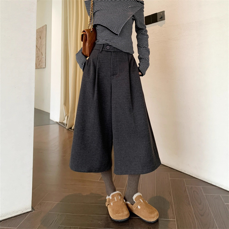 Woolen Cropped Wide-Leg Pants for Women European Style 2025 Autumn New Fashion Casual Pants Trendy