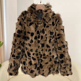 2025秋冬新款女式皮草外套女短款豹纹真狐狸腿毛保暖时尚裘皮大衣