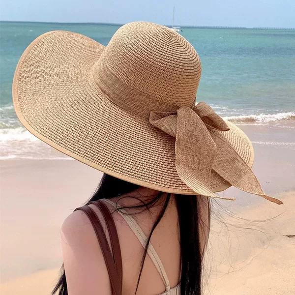 Korean-Style Straw Sun Hat, Foldable Women's Summer Bow Sun Hat, Holiday Wide-Brimmed Beach Straw Hat with Large Brim