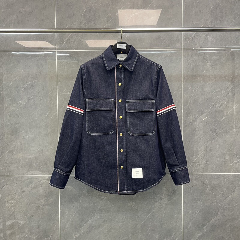 Trendy TB Autumn and Winter New Double Sleeve Red White Blue Ribbon Lapel Long Sleeve Navy Blue Denim Jacket Coat All-match