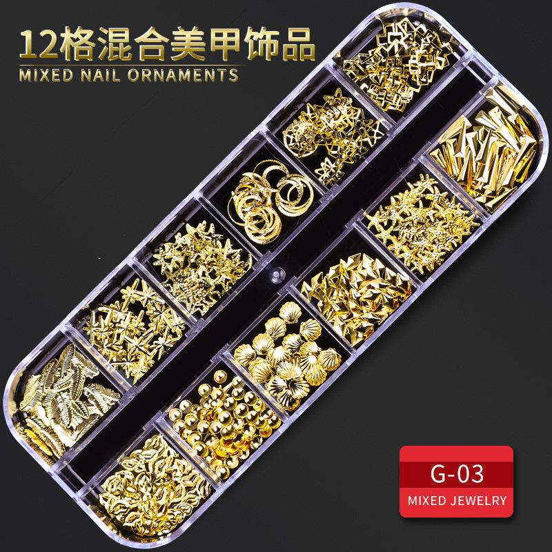 Juego completo transfronterizo de 12 compartimientos de remaches de metal, diamantes de imitación, Xingyue, piezas de concha de diamantes, accesorios para uñas, adornos para uñas