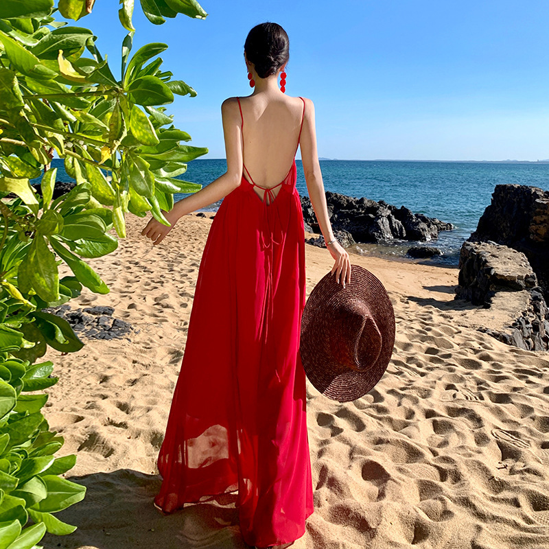 Vacation Dress Red Super Fairy Beach Dress Long Skirt Elegant Sanya Travel Wear Elegant Backless Suspender Long Skirt