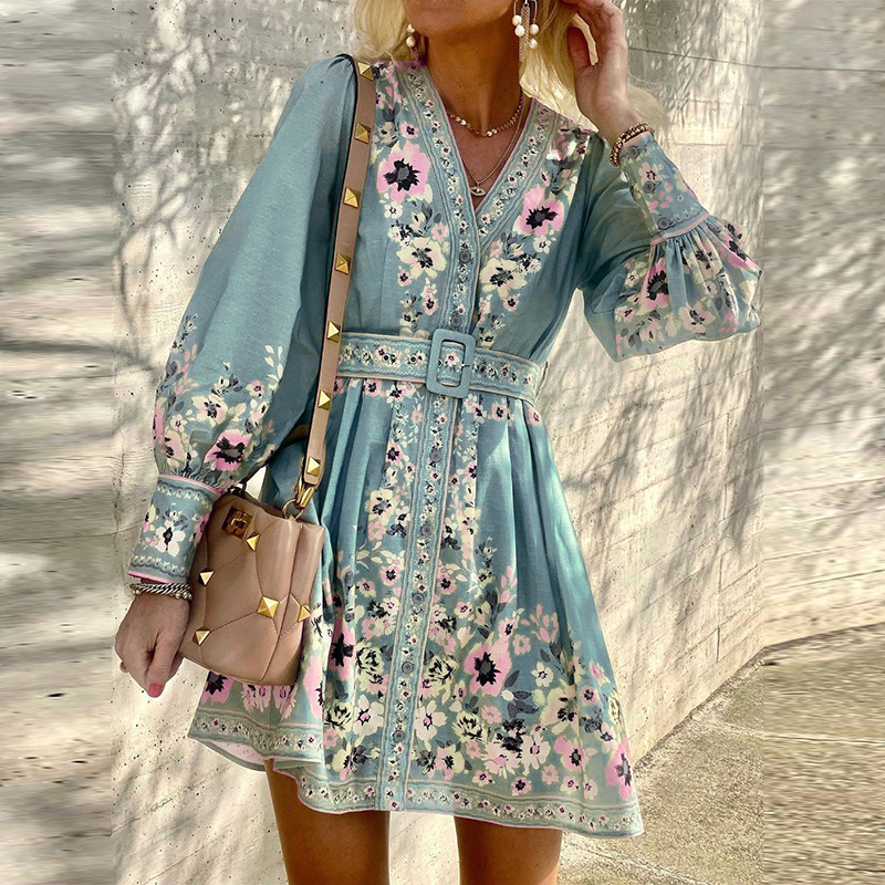 FD949 In Stock Cross-Border 2025 Autumn New Women's Long Sleeve V-Neck Loose Printed Bohemian Dress_ecoleips.com