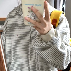 纯棉复古条纹慵懒风连帽开衫卫衣女秋季2025新款薄款宽松加绒上衣