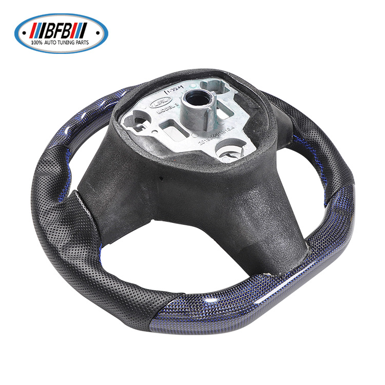 100% Real Carbon Fiber Forged Steering Wheel with Black Perforated Leather and Blue Stitching - For Tesla Model Y - Modification