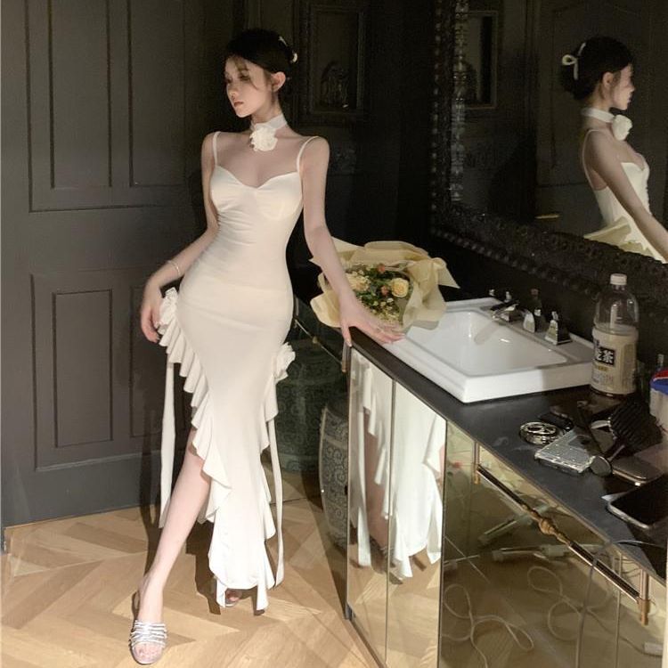 French socialite sexy party dress dress V-neck backless hot girl mid-length ruffled suspender dress X5419
