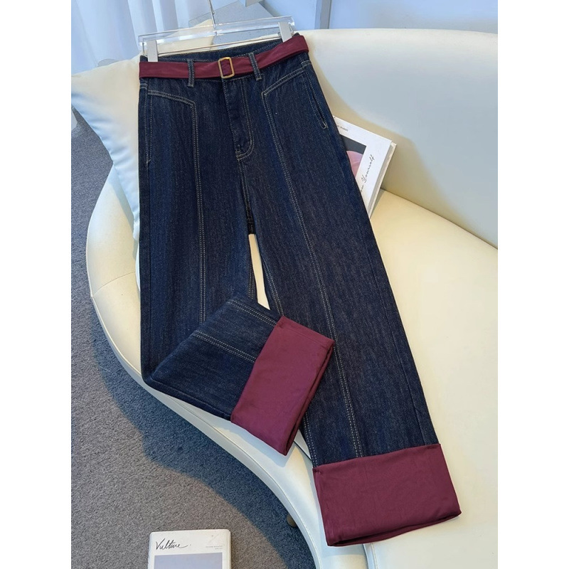 대조적 인 색상 스티칭 청바지 여성의 2024 년 겨울 새 플러스 사이즈 느슨한 직선 다리 바지 기모 높은 허리 슬리밍 넓은 다리 바지