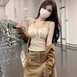小性感纯欲甜辣木耳边吊带背心女夏季无袖修身显瘦内搭上衣女批发