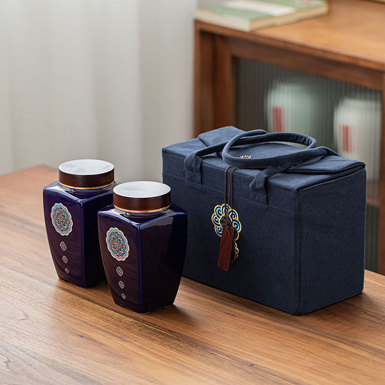 古风布袋陶瓷茶叶罐绿茶红茶半斤茶叶礼盒包装盒空盒茶盒刺绣茶礼