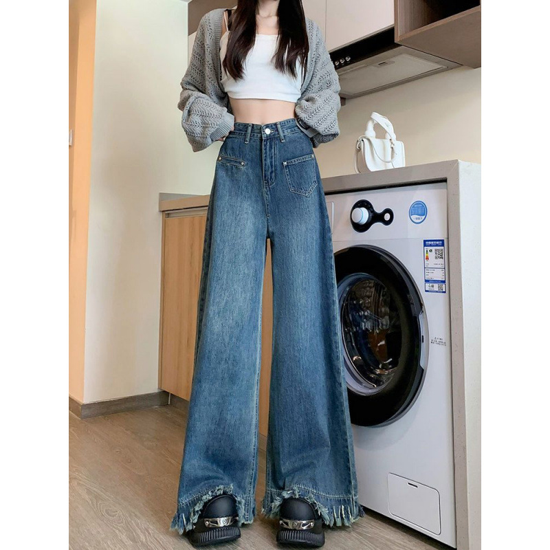 復古毛邊牛仔褲女秋季2025年新款設計感小眾高腰寬鬆垂感闊腿褲子