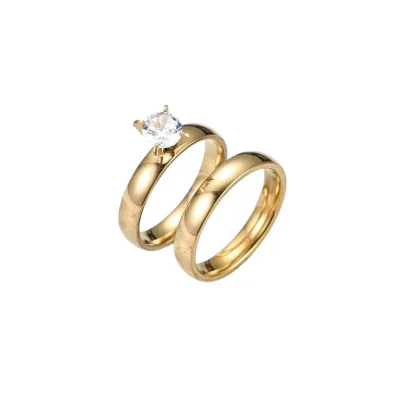 4MM钛钢内外球四爪锆石情侣对戒 不锈钢光面戒指简约情侣对戒批发