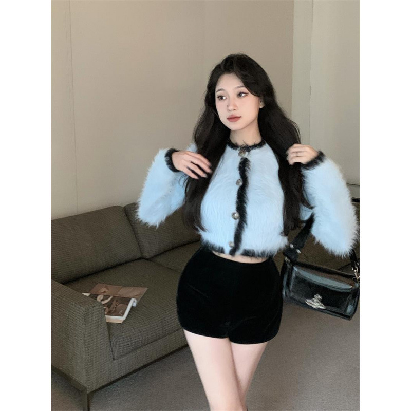 Chanel Style Contrast Color Furry Outer Wear Sweater Cardigan Women's Autumn and Winter New Slim-fit Short Super-looking Knitted Top