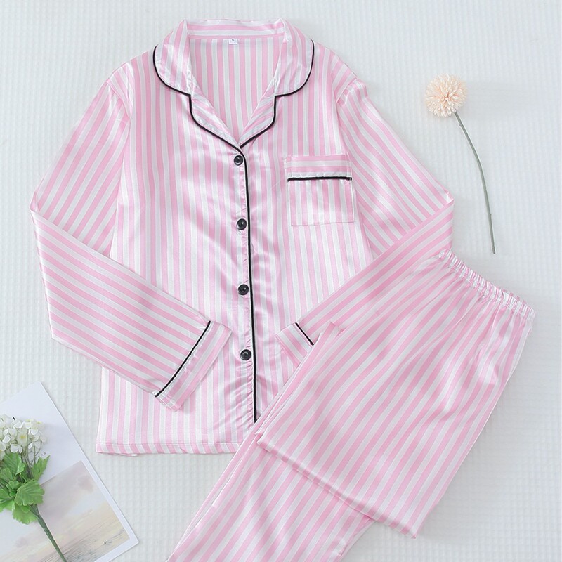 Amazon Shein Victoria's Secret Satin-Style Loungewear Set Women's Pajamas Export Turn-Down Collar Double-Length Women's Loungewear