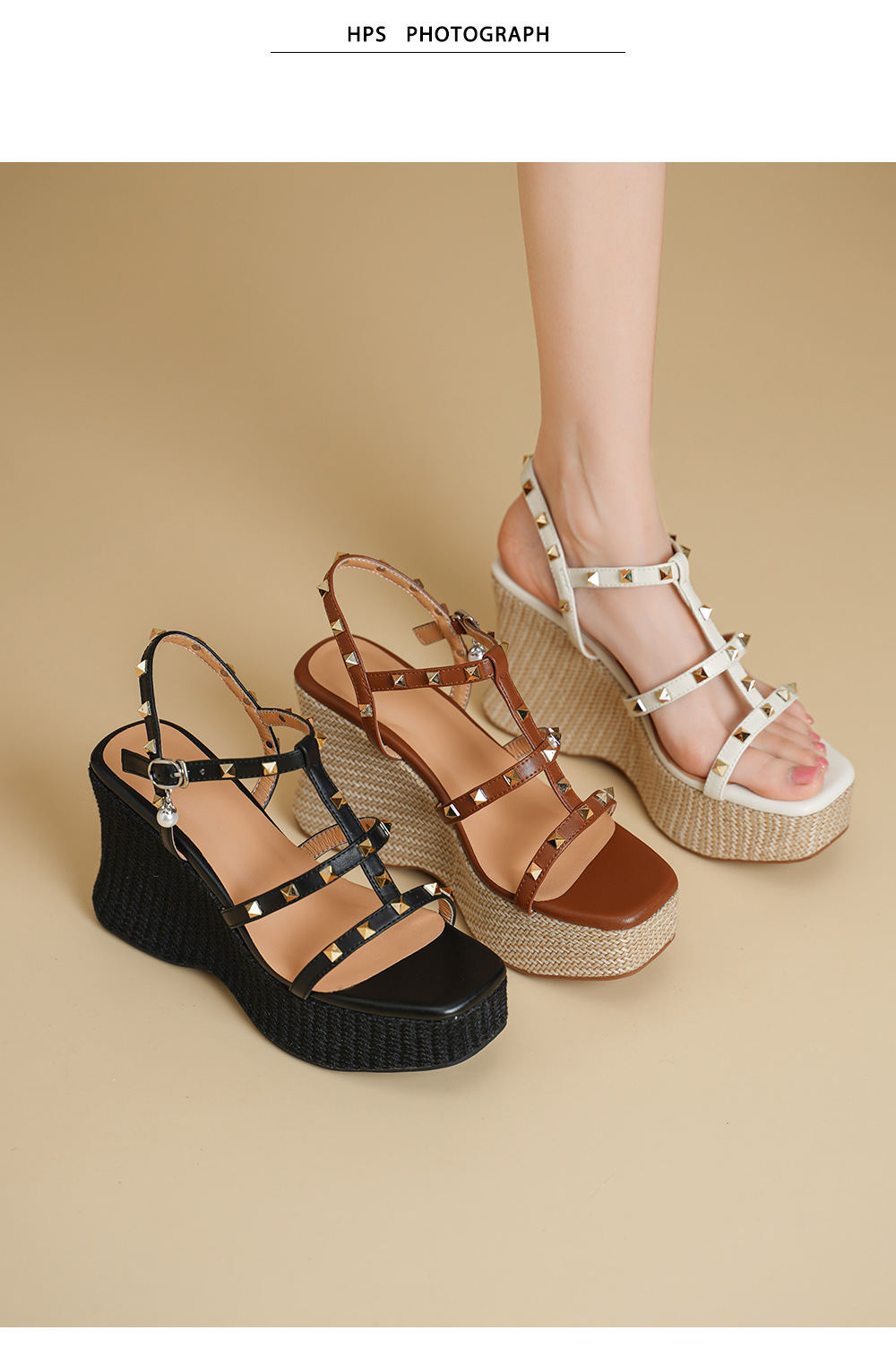 Sandal nữ đế xuồng cao gót phong cách Bohemian, mũi hở, quai đinh tán, đế bánh mì dày — màu nâu, màu đen, màu trắng ngà chi tiết 1