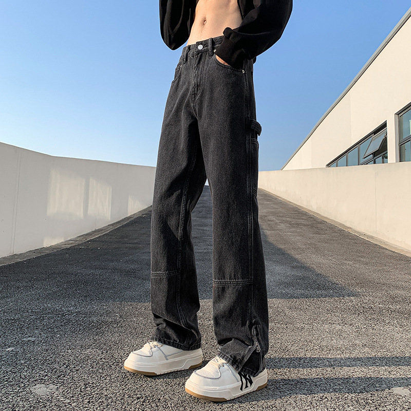 アメリカのレトロなcleanfitジーンズの男性のゆるいストレートのオープンフォークのズボンの潮のブランドの高い街のモップのズボン|undefined