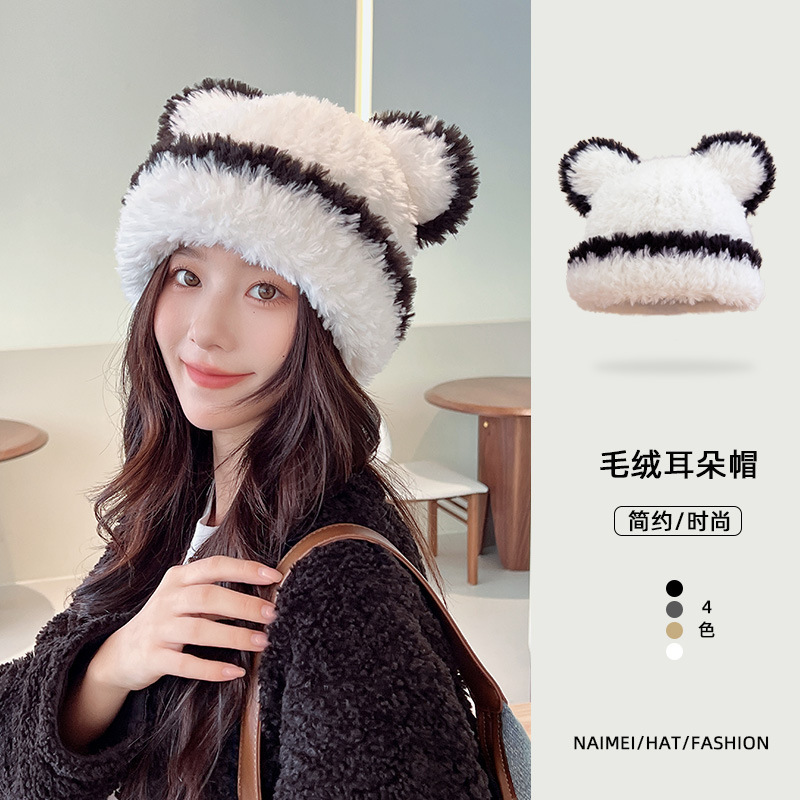 女性用冬のかわいいクマのウール帽子、韓国風の豪華で暖かい耳保護プルオーバー帽子、小顔効果のあるベルベット付きニット帽|undefined