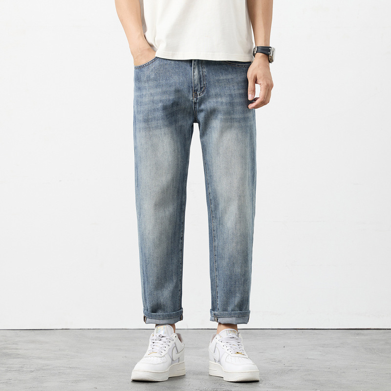 K513 | Plus-Size Men's Summer New Lyocell Washed Denim Jeans, Loose Fit, Stretchy, Vintage, Cropped Skinny Pants.