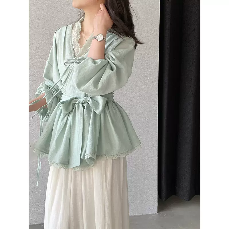 江左 颜色赢麻了 法式重工绑带衬衫女春装V领蕾丝拼接衬衣女6507