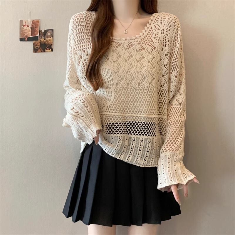 Bohemian Cut Out Knitwear for Women 2025 Summer New Round Neck Slimming Look Outer Sun Protection Blouse Long-Sleeved Top