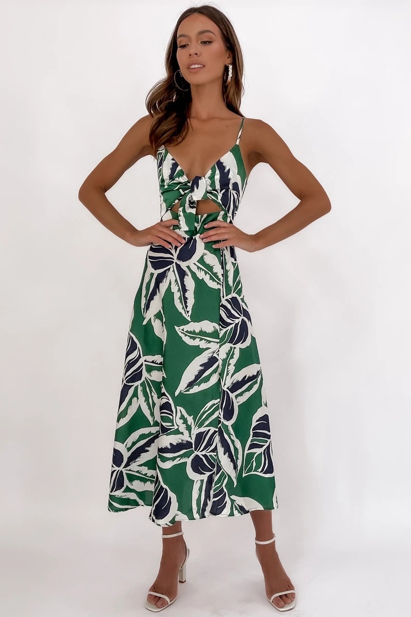 leaf print low-cut hollow lace-up slit sling long dress  NSCXY120942