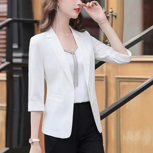 Women's Spring and Summer Thin Korean Style Fashion Slim Short Elegant Three-Quarter Sleeve Casual Blazer Jacket