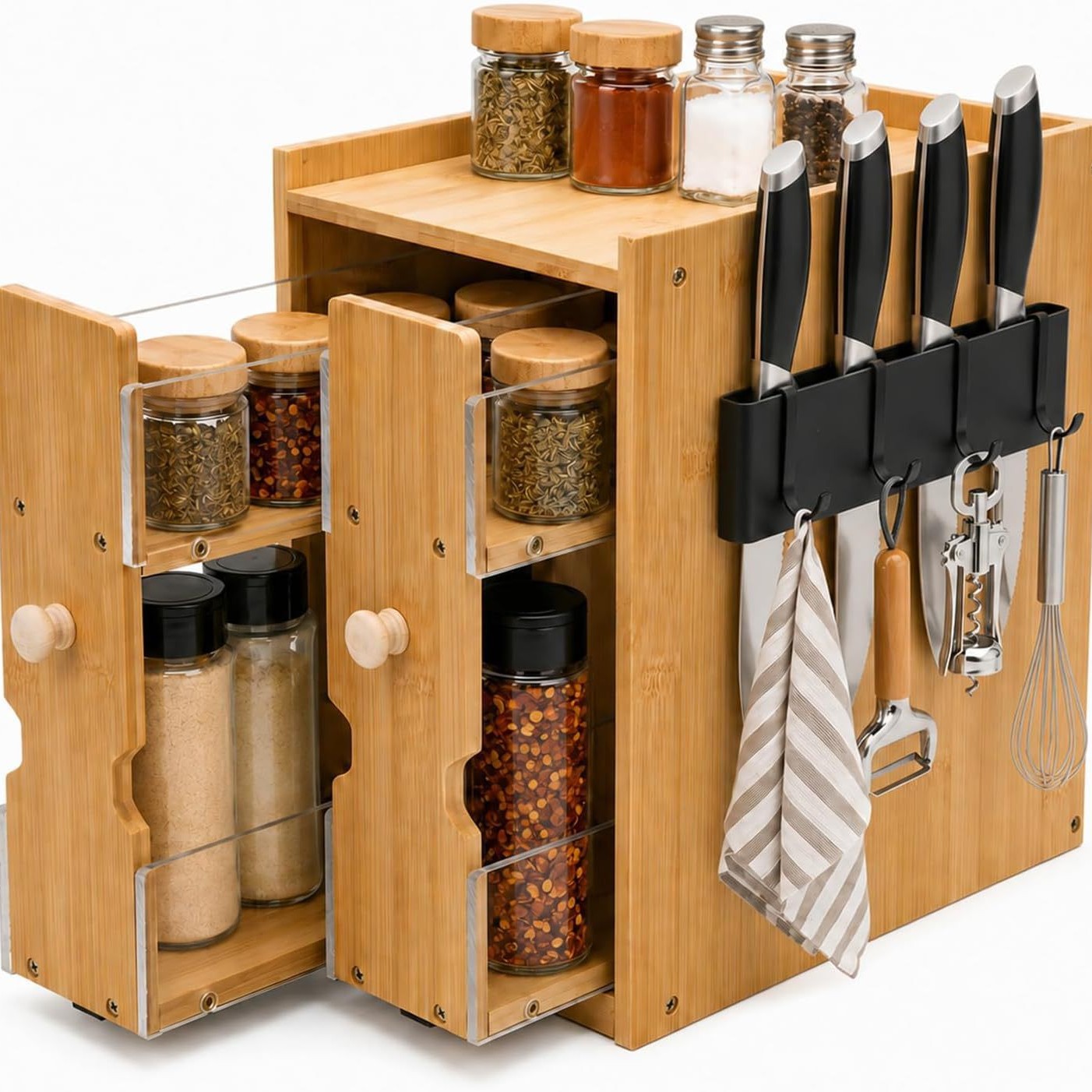 Wooden spice rack sliding pull-out household kitchen spice countertop large-capacity double-layer storage rack