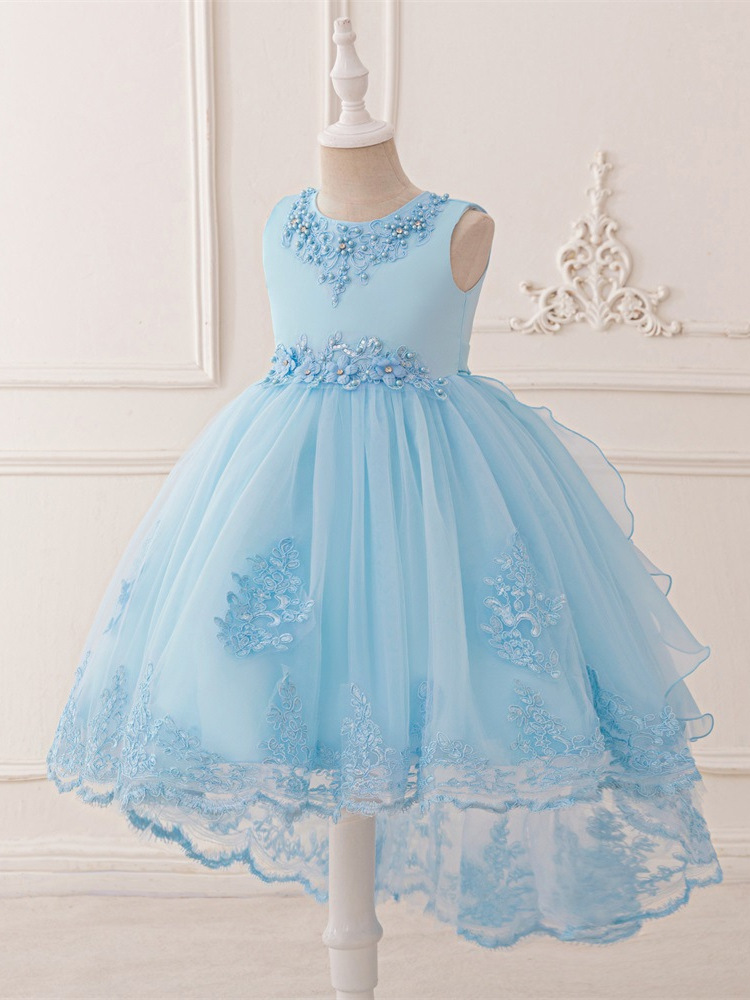 Vestido infantil transfronterizo sin mangas trailera bordado con pastillas de perlas satin vestido de princesa para anfitriones de banquete vestido de noche de chicas