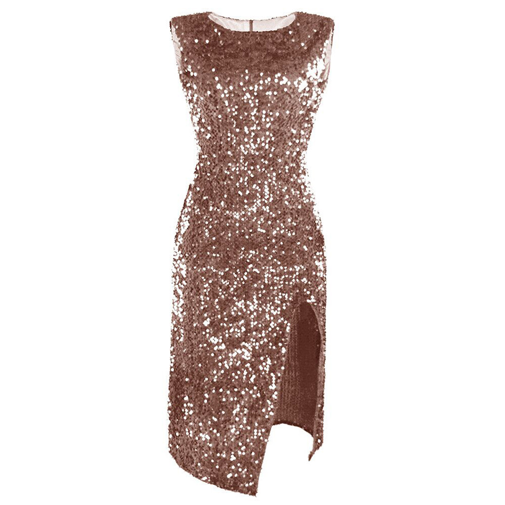 Sleeveless Crew Neck All Over Sequin Midi Dress, Velvet Base High Side Split Asymmetrical Hem Bodycon Cocktail Party Dress 4 Colors_ecoleips.com