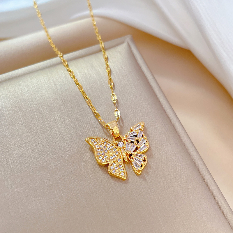 Inlay Design Sweet Butterfly Titanium Steel Copper Inlay Zircon Earrings Necklace