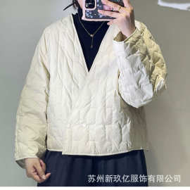 宽松V领羽绒服女2025冬季新款韩版时尚纯色简约90白鸭绒宽松外套
