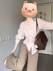 早秋穿搭女装粉色长袖衬衫女2025新款法式显瘦掐腰绑带设计感上衣