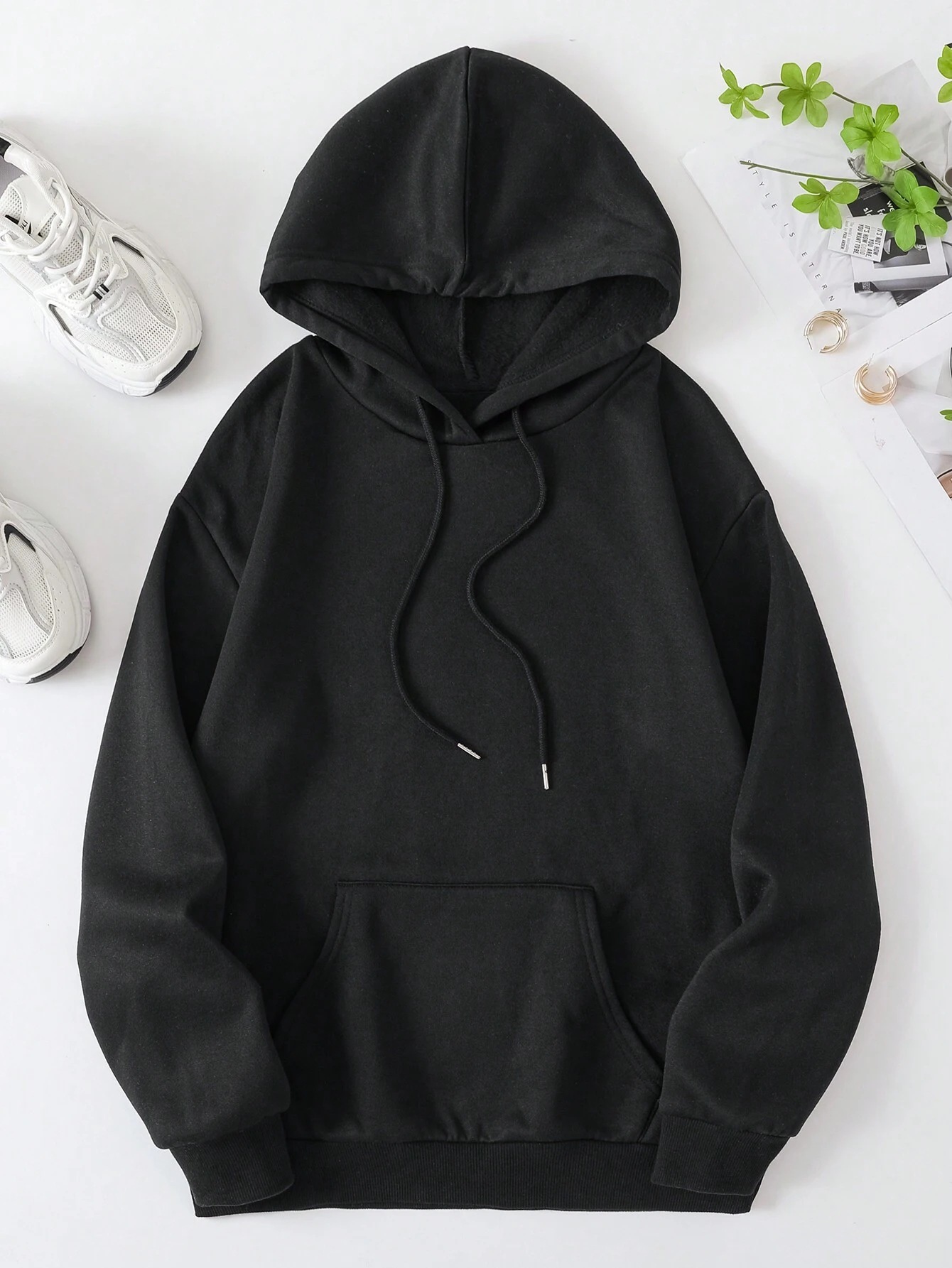 Women's Fleece Sweatshirt Solid Color Letter Kangaroo Pocket Drawstring Print Hoodie Wholesale_voghion.com