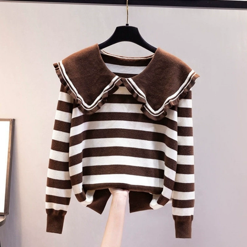 Толстовка для девочек, весенне-осенний новый модный полосатый топ с длинными рукавами в корейском стиле и темно-синим воротником, свободный пуловер для детей старшего возраста