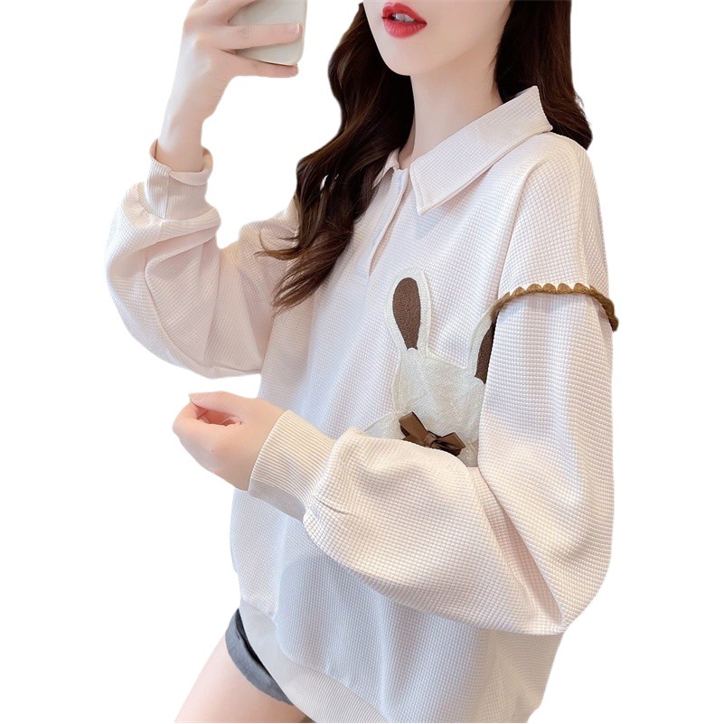 Waffle bordado suéter para las mujeres 2023 otoño y el invierno Nuevo flojo adelgaza lindo pequeño jersey de cuello POLO top