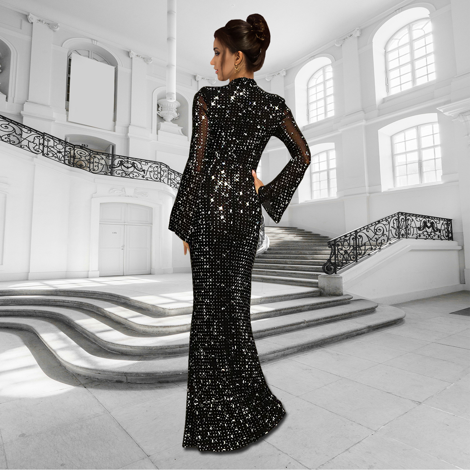 C7186 Aliexpress transfronterizo Amazon Europa y América de moda femenina delgada sexy vestido de diamante caliente de manga larga nuevo image 4