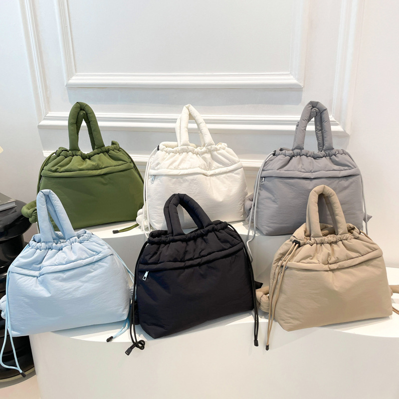2024 Fluffy Cotton-Filled Nylon Tote Bag Drawstring Shoulder Bag Women's Winter Casual Backpack Fashion Cloud Bag