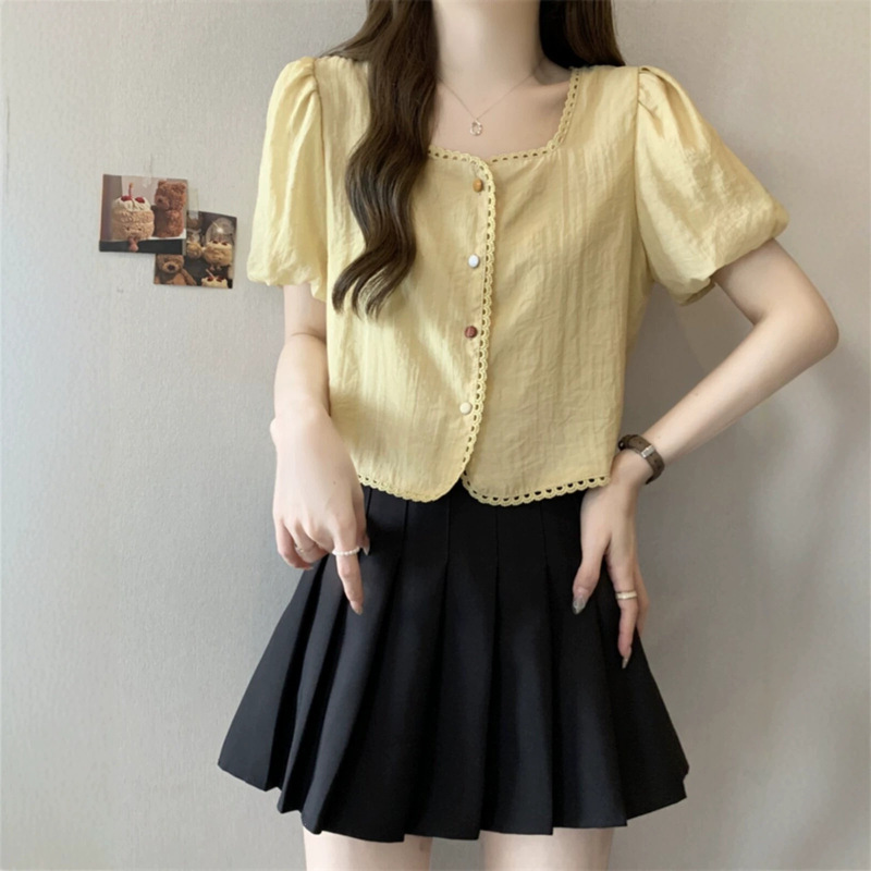 French-Style Square-Neck Short-Sleeve Chiffon Shirt for Women, Summer Plus-Size Short Unique and Beautiful Blouse, Regular Shoulder T-Shirt Top