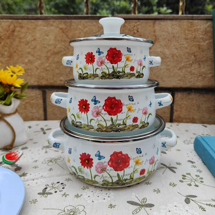 Olla de tres piezas de esmalte directo de fábrica mini olla de sopa aceite de doble oreja olla de fideos instantáneos fondo plano pequeña olla caliente