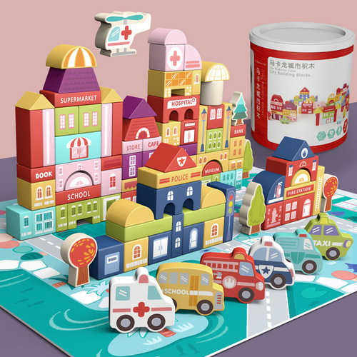 Young children's early education wooden 115-piece macaron building master building blocks educational colorful city large particle building blocks