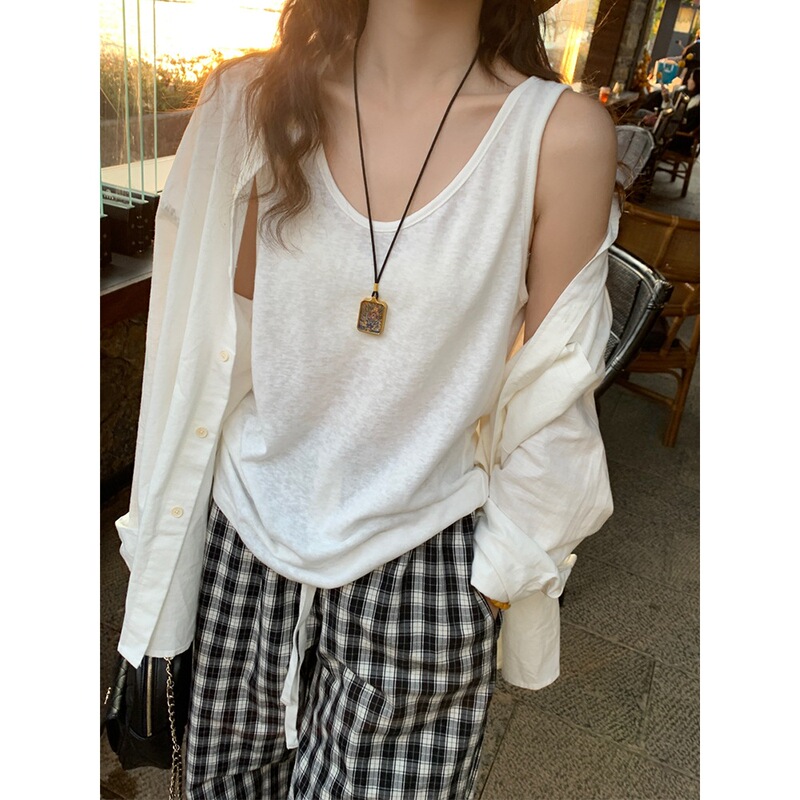 White U-Neck Snowflake Cotton and Linen Outer Casual Loose Vest Suspender Summer Pure Color Slimming Look Korean Style Sleeveless Top