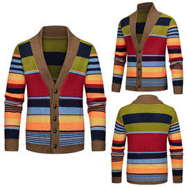 秋冬外贸亚马逊男士拼色翻领毛衣针织衫外套时尚男装修身针织开衫