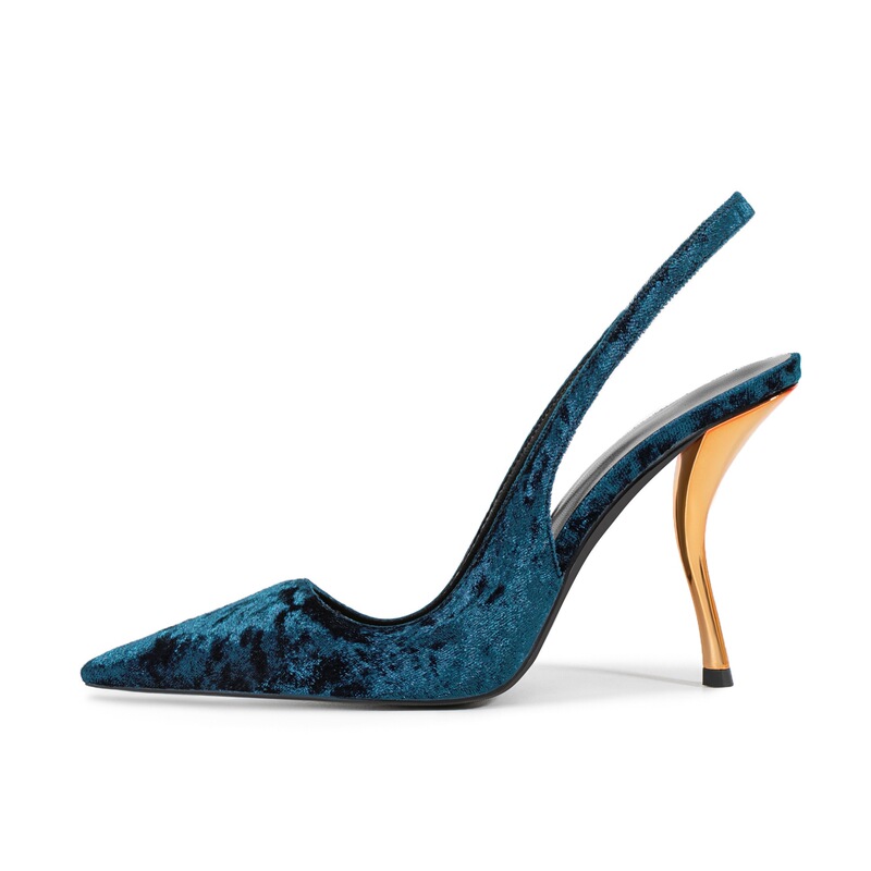 European and American sexy pointed-toe shallow-cut fashion party shoes with unique metal heel, large size, gold velvet women's shoes, light luxury