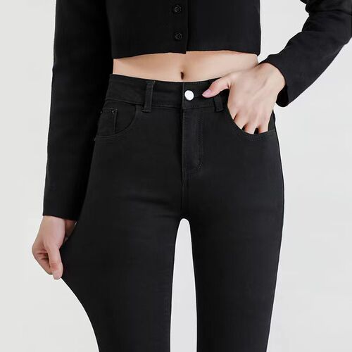 Slimming student jeans for women, high-waisted, long cigarette gray, black, small leg, elastic, Korean-style tight pencil pants
