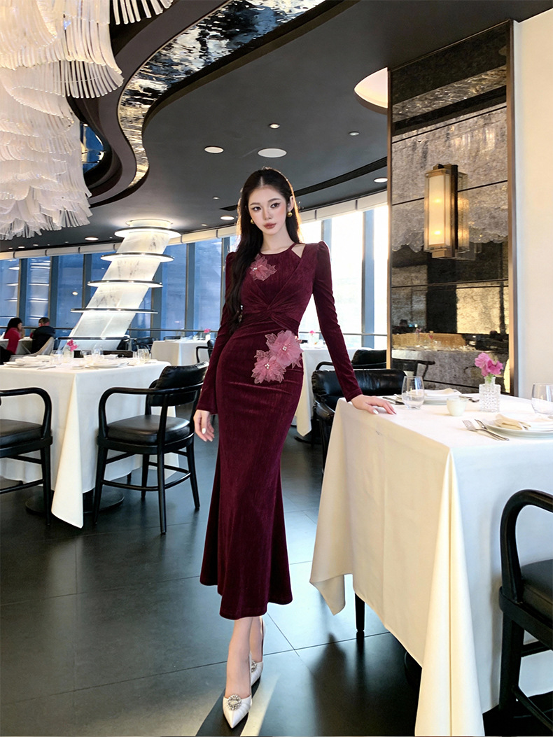 Đầm ôm body nữ thiết kế rỗng hoa lập thể phong cách Pháp — màu sắc chi tiết 1