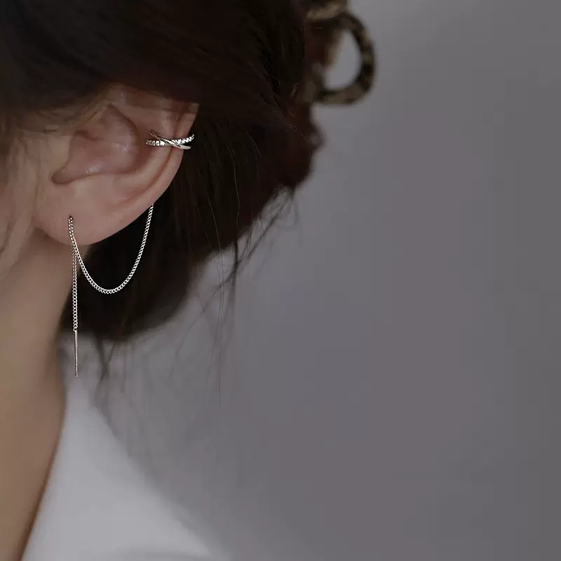 几何两戴流苏耳链女长款个性耳饰ins潮港味网红闪钻交叉耳夹耳线