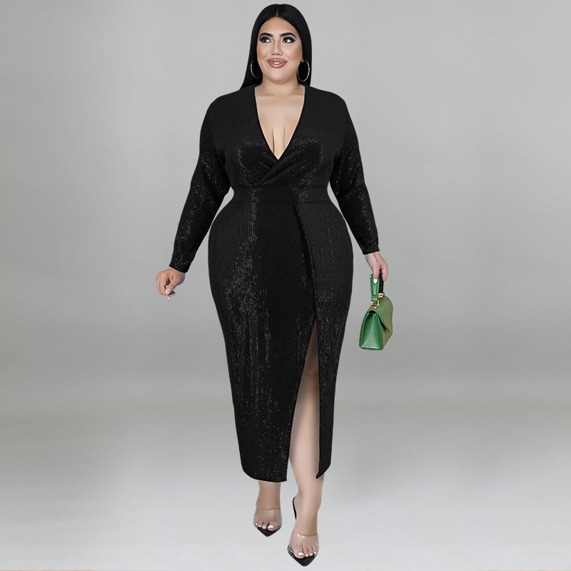 Plus size fluweel bodycon midi jurk met pailletten en v-hals voor dames_voghion.com