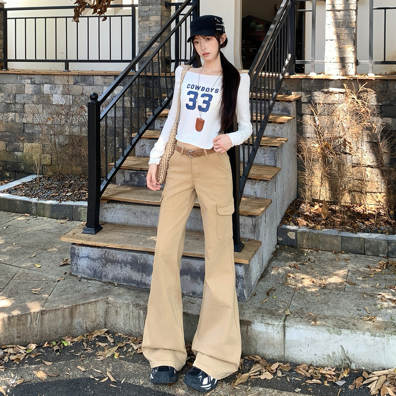 设计感工装微喇牛仔裤女秋季新款美式高街时尚修身显瘦垂感喇叭裤|undefined