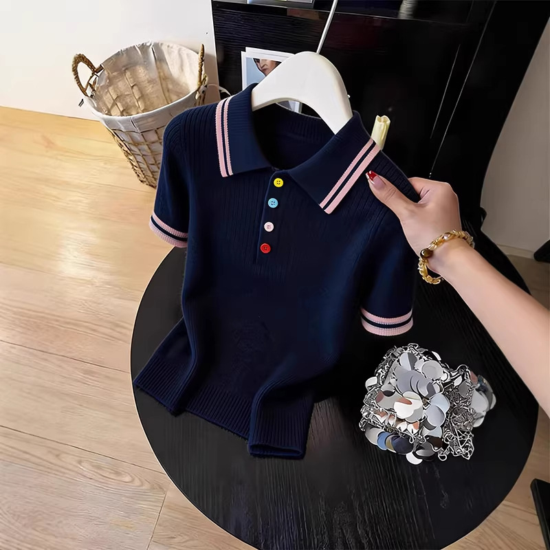 Áo thun polo nữ tay ngắn phong cách Hàn Quốc cổ bẻ thiết kế đẹp — Xanh navy chi tiết 3